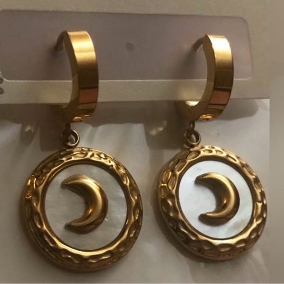 “Mother of Pearl Crescent Moon” Rainbow Iridescent Celestial Gold Steel Hoops - Picture 9 of 17